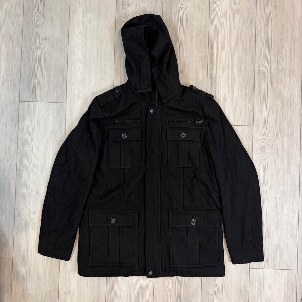 GUESS Mens Black Wool Blend Hooded Military Field Jacket 113AB600 Large